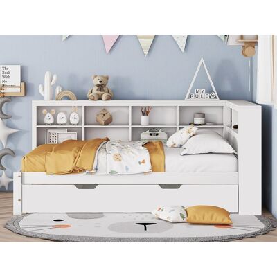ModernLuxe Slaapbank 140x200 cm met een onderschuifbed van 90x190 cm - met USB en meerdere opbergruimtes - in massief hout - Wit ModernLuxe Slaapbank 140x200 cm met een onderschuifbed van 90x190 cm - met USB en meerdere opbergruimtes - in massief hout - Wit