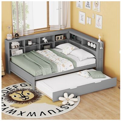 Merax Onderschuifbed 140 x 200 cm + 90 x 190 cm met USB-aansluiting en opbergruimte - massief hout - grijs Merax Onderschuifbed 140 x 200 cm + 90 x 190 cm met USB-aansluiting en opbergruimte - massief hout - grijs
