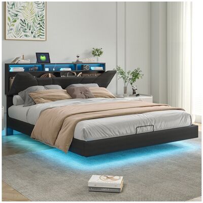 Gestoffeerd tweepersoonsbed 160x200cm - met USB en LED-verlichting - Bedframe met opberghoofdeinde en opbergdoos voor bed, in PU - Grijs Gestoffeerd tweepersoonsbed 160x200cm - met USB en LED-verlichting - Bedframe met opberghoofdeinde en opbergdoos voor bed, in PU - Grijs
