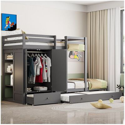 Merax Stapelbedden 2 x 90 x 200 cm met onderschuifbed 190 x 90 cm - Kledingkast, lade en opbergplanken - Grenenhout en MDF - Grijze kleur Merax Stapelbedden 2 x 90 x 200 cm met onderschuifbed 190 x 90 cm - Kledingkast, lade en opbergplanken - Grenenhout en MDF - Grijze kleur