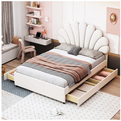 Tweepersoonsbed gestoffeerd volwassen bed 140 x 200 cm met bloemvormig hoofdbord en lattenbodem, huidvriendelijke fluwelen stof, beige, zonder matras Tweepersoonsbed gestoffeerd volwassen bed 140 x 200 cm met bloemvormig hoofdbord en lattenbodem, huidvriendelijke fluwelen stof, beige, zonder matras