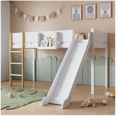 Merax Hoogslaper 90 x 200 cm met glijbaan en afneembare plank, grenen+MDF, wit+naturel Merax Hoogslaper 90 x 200 cm met glijbaan en afneembare plank, grenen+MDF, wit+naturel