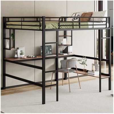 Merax Hoogslaper 140 x 200 cm met bureau en opbergplank - metaal en MDF hout - zwart Merax Hoogslaper 140 x 200 cm met bureau en opbergplank - metaal en MDF hout - zwart