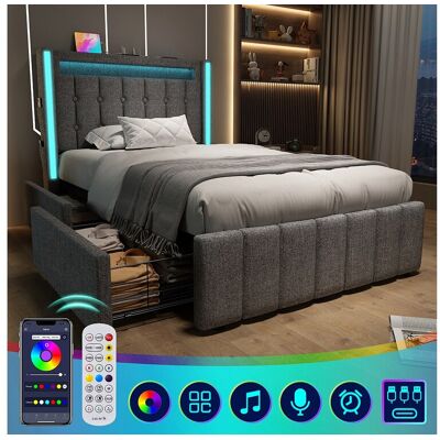 Merax Gestoffeerd bed 90 x 200 cm met 2 lades - USB, Type C stopcontacten en LED verlichting - Linnenstof - Grijs (zonder matras) Merax Gestoffeerd bed 90 x 200 cm met 2 lades - USB, Type C stopcontacten en LED verlichting - Linnenstof - Grijs (zonder matras)