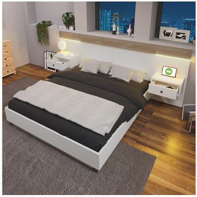 Merax Houten tweepersoonsbed 180 x 200 cm met 2 laden - 2 LED-nachtkastjes en USB C-aansluiting - kleur eiken en wit Merax Houten tweepersoonsbed 180 x 200 cm met 2 laden - 2 LED-nachtkastjes en USB C-aansluiting - kleur eiken en wit