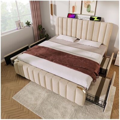 Merax Gestoffeerd bed 180 x 200 cm met 4 lades en hoofdeinde - USB en Type-C stopcontacten - Linnenstof - Decoratieve strepen - Beige (zonder matras) Merax Gestoffeerd bed 180 x 200 cm met 4 lades en hoofdeinde - USB en Type-C stopcontacten - Linnenstof - Decoratieve strepen - Beige (zonder matras)