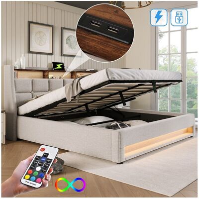 Merax Opbergbed 180 x 200 cm met opberghoofdeinde - USB-aansluiting en LED's - Linnenstof - Beige - Zonder matras Merax Opbergbed 180 x 200 cm met opberghoofdeinde - USB-aansluiting en LED's - Linnenstof - Beige - Zonder matras