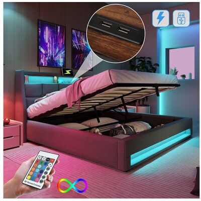 Merax Opbergbed 160 x 200 cm met opberghoofdeinde - USB-aansluiting en LED's - Linnenstof - Grijs - Zonder matras Merax Opbergbed 160 x 200 cm met opberghoofdeinde - USB-aansluiting en LED's - Linnenstof - Grijs - Zonder matras