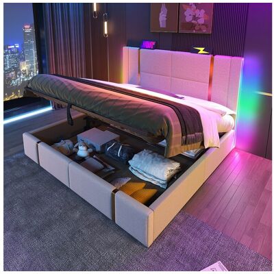 Merax - Lit coffre 180x200 - Beige Linen - USB-C LED - Bed Merax - Lit coffre 180x200 - Beige Linen - USB-C LED - Bed