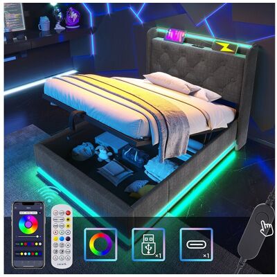 Merax Opbergbed 90 x 200 cm met opberghoofdeinde - USB- en LED-aansluitingen - Linnenstof - Knooppatroon - Grijs (zonder matras) Merax Opbergbed 90 x 200 cm met opberghoofdeinde - USB- en LED-aansluitingen - Linnenstof - Knooppatroon - Grijs (zonder matras)