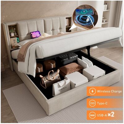 Merax Opbergbed 180 x 200 cm met opberghoofdeinde - USB- en Type C-aansluitingen - Linnenstof - Natuurlijke kleur Merax Opbergbed 180 x 200 cm met opberghoofdeinde - USB- en Type C-aansluitingen - Linnenstof - Natuurlijke kleur