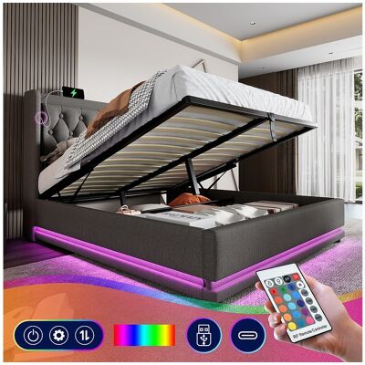 Merax Opbergbed 160 x 200 cm met hoofdeinde - USB- en Type-C-aansluitingen - LED's - Katoenstof - Grijs (zonder matras) Merax Opbergbed 160 x 200 cm met hoofdeinde - USB- en Type-C-aansluitingen - LED's - Katoenstof - Grijs (zonder matras)