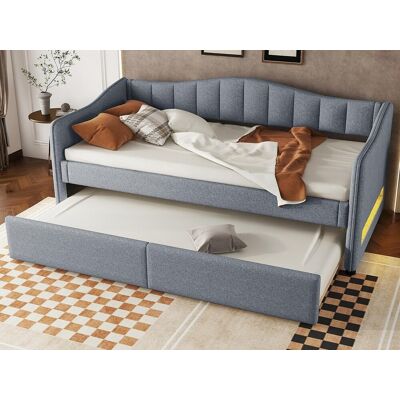 ModernLuxe 90x200cm bedbank met LED + 90x190cm onderschuifbed - bekleed met linnenstof - Grijs (matras niet inbegrepen) ModernLuxe 90x200cm bedbank met LED + 90x190cm onderschuifbed - bekleed met linnenstof - Grijs (matras niet inbegrepen)