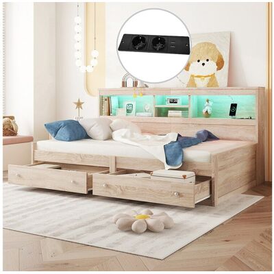Merax Bed 90 x 200 cm met 2 lades, opbergplanken en 2 USB-aansluitingen - Spaanplaat - LED's - Naturel (zonder matras) Merax Bed 90 x 200 cm met 2 lades, opbergplanken en 2 USB-aansluitingen - Spaanplaat - LED's - Naturel (zonder matras)