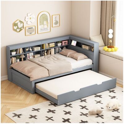 Merax Onderschuifbed 90 x 200 cm + 90 x 190 cm met USB-aansluiting en opbergvak - grenenhout + MDF - Grijs (zonder matras) Merax Onderschuifbed 90 x 200 cm + 90 x 190 cm met USB-aansluiting en opbergvak - grenenhout + MDF - Grijs (zonder matras)