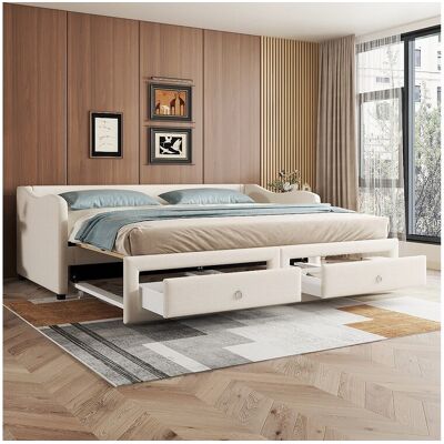 Merax Onderschuifbed 90/180 x 200 cm met 2 lades - linnenstof - beige (zonder matras) Merax Onderschuifbed 90/180 x 200 cm met 2 lades - linnenstof - beige (zonder matras)