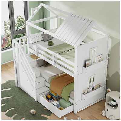 Merax Stapelbed 2 x 90 x 200 cm met opbergtrap & lades & planken - grenen + MDF - wit (zonder matras) Merax Stapelbed 2 x 90 x 200 cm met opbergtrap & lades & planken - grenen + MDF - wit (zonder matras)