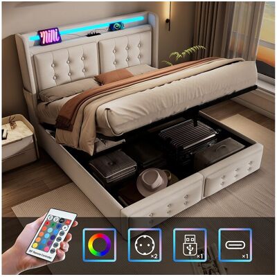 Merax Opbergbed 180 x 200 cm met LED-hoofdeinde, USB Type-C-aansluiting - Katoenstof - Beige (zonder matras) Merax Opbergbed 180 x 200 cm met LED-hoofdeinde, USB Type-C-aansluiting - Katoenstof - Beige (zonder matras)