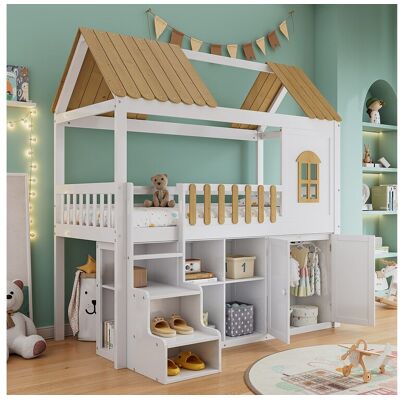 Merax Hoogslaper 90 x 200 cm met kledingkast, 2 deuren en dak - grenen + MDF - wit + naturel (zonder matras) Merax Hoogslaper 90 x 200 cm met kledingkast, 2 deuren en dak - grenen + MDF - wit + naturel (zonder matras)