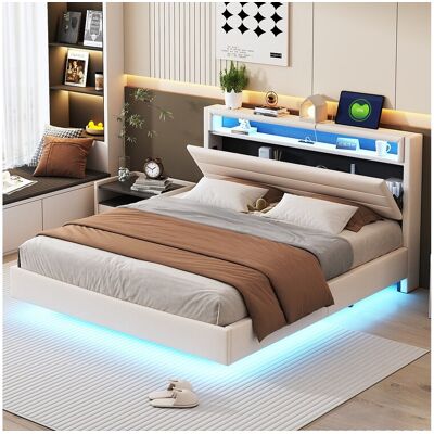Merax Gestoffeerd bed 160 x 200 cm met USB-aansluiting en LED-verlichting, omkeerbaar hoofdbord, onzichtbaar voetbord, linnenstof, beige (zonder matras) Merax Gestoffeerd bed 160 x 200 cm met USB-aansluiting en LED-verlichting, omkeerbaar hoofdbord, onzichtbaar voetbord, linnenstof, beige (zonder matras)