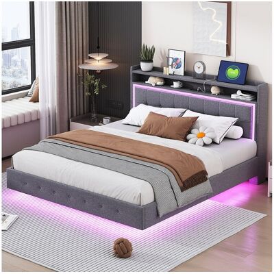 Merax Gestoffeerd bed 160 x 200 cm met opberghoofdeinde, USB-aansluiting en LED-verlichting - linnenstof - grijs (zonder matras) Merax Gestoffeerd bed 160 x 200 cm met opberghoofdeinde, USB-aansluiting en LED-verlichting - linnenstof - grijs (zonder matras)
