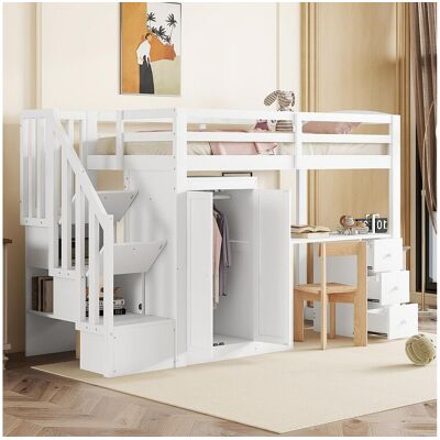 Merax Hoogslaper - 90 x 200 cm - met kledingkast + bureau + lades en hanggedeelte - grenenhout + MDF - wit (zonder matras) Merax Hoogslaper - 90 x 200 cm - met kledingkast + bureau + lades en hanggedeelte - grenenhout + MDF - wit (zonder matras)