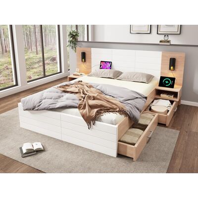 ModernLuxe Tweepersoonsbed 140x200 cm in hout - met 2 nachtkastjes en 2 lades - 2 draaibare leeslampjes met USB-aansluiting - Wit & Naturel (matras niet inbegrepen) ModernLuxe Tweepersoonsbed 140x200 cm in hout - met 2 nachtkastjes en 2 lades - 2 draaibare leeslampjes met USB-aansluiting - Wit & Naturel (matras niet inbegrepen)