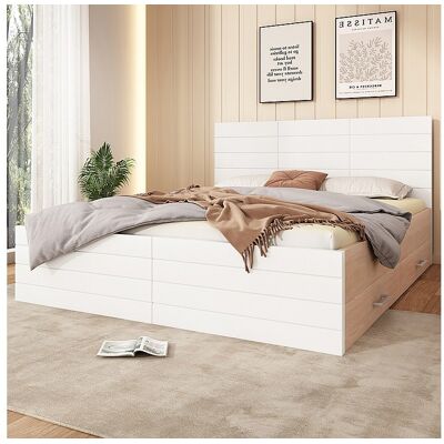KOMHTOM Houten tweepersoonsbed 180 x 200 cm met 2 laden, set eik + wit KOMHTOM Houten tweepersoonsbed 180 x 200 cm met 2 laden, set eik + wit