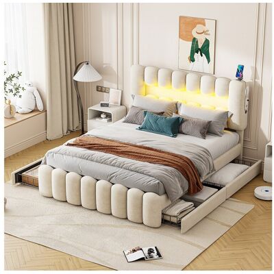 Merax - Lit capitonné 160x200 - Beige - 4 drawers - Bed Merax - Lit capitonné 160x200 - Beige - 4 drawers - Bed