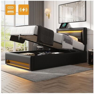 Merax Opbergbed 90 x 200 cm met hoofdeinde - USB- en LED-aansluitingen - PU leer - Lattenbodem - Zwart (zonder matras) Merax Opbergbed 90 x 200 cm met hoofdeinde - USB- en LED-aansluitingen - PU leer - Lattenbodem - Zwart (zonder matras)