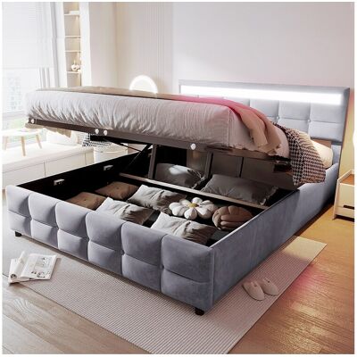 Merax Opbergbed 180 x 200 cm met hoofdbord - LED's - Fluweel - Lattenbodem - Grijs (zonder matras) Merax Opbergbed 180 x 200 cm met hoofdbord - LED's - Fluweel - Lattenbodem - Grijs (zonder matras)