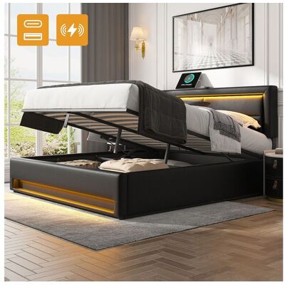 Merax Opbergbed 140 x 190 met hoofdbord - USB- en LED-aansluitingen - PU leer - Lattenbodem - Zwart (zonder matras) Merax Opbergbed 140 x 190 met hoofdbord - USB- en LED-aansluitingen - PU leer - Lattenbodem - Zwart (zonder matras)