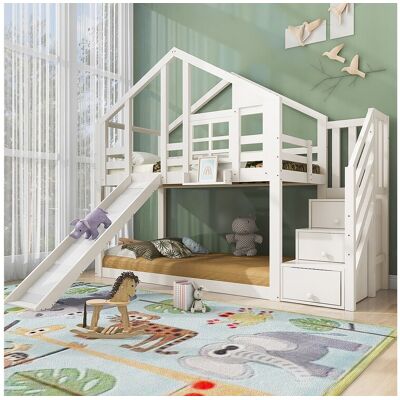 Merax Stapelbedden 2 x 90 x 200 cm met 3 lades, glijbaan en dak - Massief hout + MDF - 2 x lattenbodem - Wit (zonder matras) Merax Stapelbedden 2 x 90 x 200 cm met 3 lades, glijbaan en dak - Massief hout + MDF - 2 x lattenbodem - Wit (zonder matras)