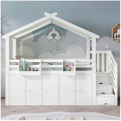 Merax Hoogslaper 90 x 200 cm met 1 kledingkast en 2 kluisjes en 3 lades - Grenen+MDF+multiplex - Wit+groen Merax Hoogslaper 90 x 200 cm met 1 kledingkast en 2 kluisjes en 3 lades - Grenen+MDF+multiplex - Wit+groen