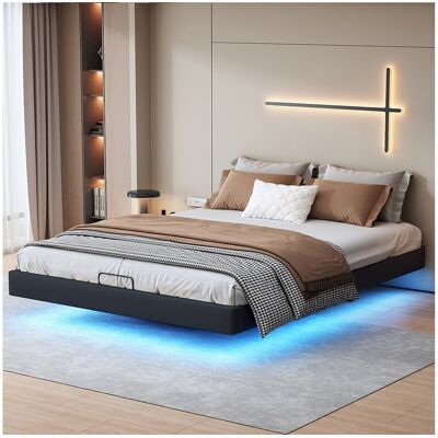tweepersoonsbed 160 x 200 met onderstel, LED-lichtstrip onder het bed, Zonder hoofdbord, PU, Zwart tweepersoonsbed 160 x 200 met onderstel, LED-lichtstrip onder het bed, Zonder hoofdbord, PU, Zwart