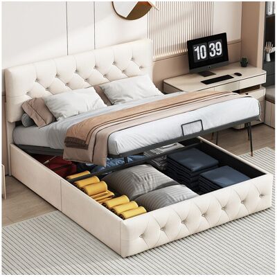 Opbergbed 160 x 200 cm, tweepersoonsbed, fluwelen stof, beige Opbergbed 160 x 200 cm, tweepersoonsbed, fluwelen stof, beige