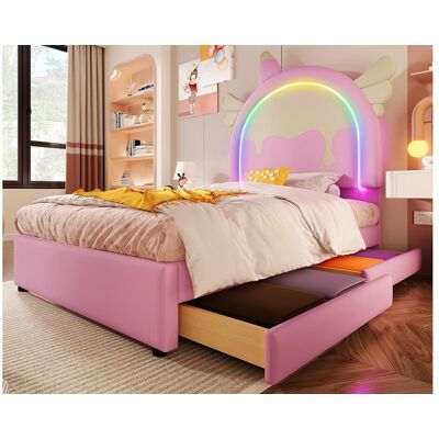 ModernLuxe Eenpersoonsbed bekleed met kunstleer 90x200 cm - met LED en 2 lades - Roze ModernLuxe Eenpersoonsbed bekleed met kunstleer 90x200 cm - met LED en 2 lades - Roze