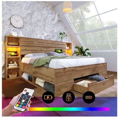Merax Tweepersoonsbed 160 x 200 cm met lades en opbergplanken - leeslamp en USB-aansluitingen - Massief hout - Eiken (zonder matras) Merax Tweepersoonsbed 160 x 200 cm met lades en opbergplanken - leeslamp en USB-aansluitingen - Massief hout - Eiken (zonder matras)