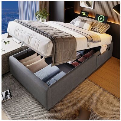 Merax Opbergbed 90 x 190 cm zonder hoofdeinde - 2 zijvakken en USB + Type-C stopcontacten - Katoenen stof - Grijs (zonder matras) Merax Opbergbed 90 x 190 cm zonder hoofdeinde - 2 zijvakken en USB + Type-C stopcontacten - Katoenen stof - Grijs (zonder matras)