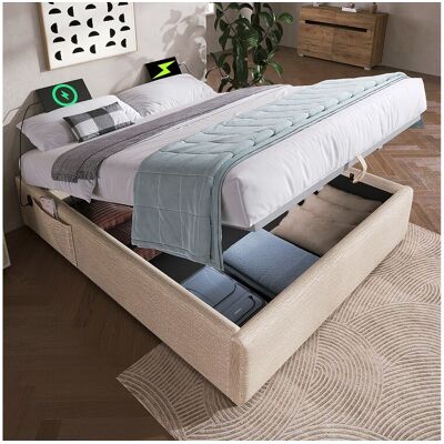 Merax Opbergbed 160 x 200 cm zonder hoofdeinde - 2 zijvakken en USB + Type-C stopcontacten - Linnenstof - Beige (zonder matras) Merax Opbergbed 160 x 200 cm zonder hoofdeinde - 2 zijvakken en USB + Type-C stopcontacten - Linnenstof - Beige (zonder matras)