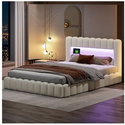 Tweepersoonsbed 140×200cm met opbergruimte, bedstee met ledverlichting, beige linnen Tweepersoonsbed 140×200cm met opbergruimte, bedstee met ledverlichting, beige linnen