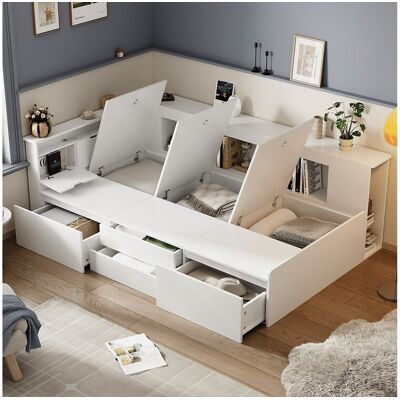 KOMHTOM Kinderbed 90*200 cm, eenpersoonsbed met laden, boekenkast en opbergmeubel met opbergruimte, wit KOMHTOM Kinderbed 90*200 cm, eenpersoonsbed met laden, boekenkast en opbergmeubel met opbergruimte, wit