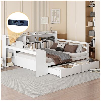 Merax Bed 140 x 200 cm met hoofdbord en 2 lades - bureau, opbergvakken en USB-aansluitingen - Grenen + multiplex + MDF - Wit Merax Bed 140 x 200 cm met hoofdbord en 2 lades - bureau, opbergvakken en USB-aansluitingen - Grenen + multiplex + MDF - Wit
