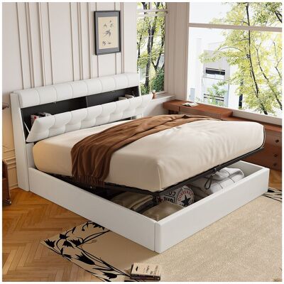 Merax 140 x 200 cm opbergbed met opberghoofdeinde - LED's - PU-leer - Wit (zonder matras) Merax 140 x 200 cm opbergbed met opberghoofdeinde - LED's - PU-leer - Wit (zonder matras)