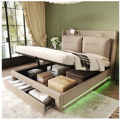 Merax Opbergbed 180 x 200 cm met hoofdbord en 2 lades - LED's - Fluweel - Beige (zonder matras) Merax Opbergbed 180 x 200 cm met hoofdbord en 2 lades - LED's - Fluweel - Beige (zonder matras)