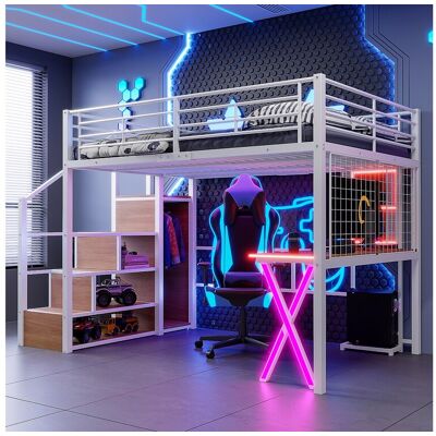 Merax Hoogslaper 140 x 200 cm met bureau, kledingkast, planken - Sfeerverlichting - Metaal - Wit (zonder matras) Merax Hoogslaper 140 x 200 cm met bureau, kledingkast, planken - Sfeerverlichting - Metaal - Wit (zonder matras)