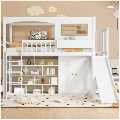 Merax Hoogslaper 90 x 200 cm met glijbaan, kledingkast en boekenkast - Grenen + MDF + multiplex - Lattenbodem - Wit Merax Hoogslaper 90 x 200 cm met glijbaan, kledingkast en boekenkast - Grenen + MDF + multiplex - Lattenbodem - Wit