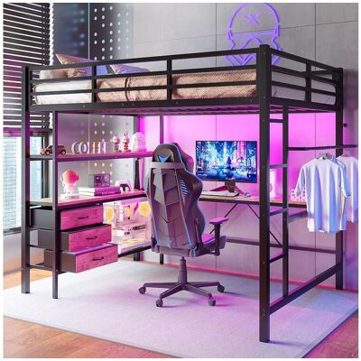 Merax Hoogslaper 140 x 200 cm met hoekbureau, 3 lades en planken - USB-poort en sfeerverlichting - Metaal - Zwart (matras niet inbegrepen) Merax Hoogslaper 140 x 200 cm met hoekbureau, 3 lades en planken - USB-poort en sfeerverlichting - Metaal - Zwart (matras niet inbegrepen)