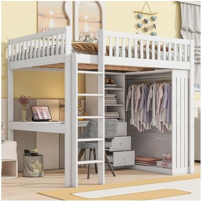 Merax Hoogslaper 140 x 200 cm met bureau, kledingkast en 3 lades - Grenen + MDF - Wit (zonder matras) Merax Hoogslaper 140 x 200 cm met bureau, kledingkast en 3 lades - Grenen + MDF - Wit (zonder matras)