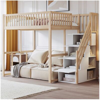 Merax Hoogslaper 140 x 200 cm met 4 lades en opbergplanken - Grenen + multiplex + MDF - voor kinderen - Naturel Merax Hoogslaper 140 x 200 cm met 4 lades en opbergplanken - Grenen + multiplex + MDF - voor kinderen - Naturel